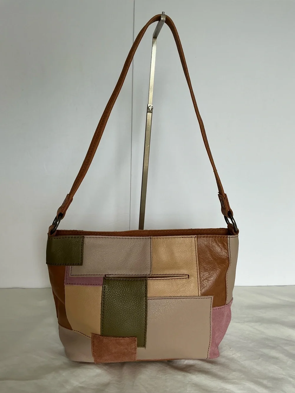 The Sak Leather Suede Patchwork Shoulder Bag -Tan, Beige, Olive & Pink